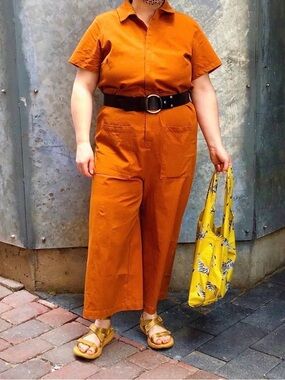 Universal Standard Short-Sleeve Wide-Leg Utility Jumpsuit in Rust Orange